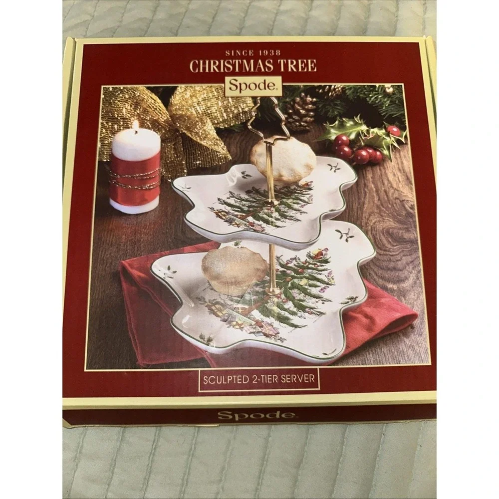 Spode Christmas Tree Sculpted 2-Tier Holiday Desert Snack Server 8 x 10 NIB ~ I2